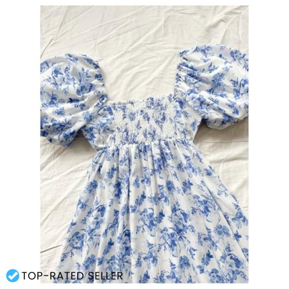 Floral Puff Sleeve Square Neck Mini Dress Boho Chic Casual Summer Picnic - Picture 4 of 5